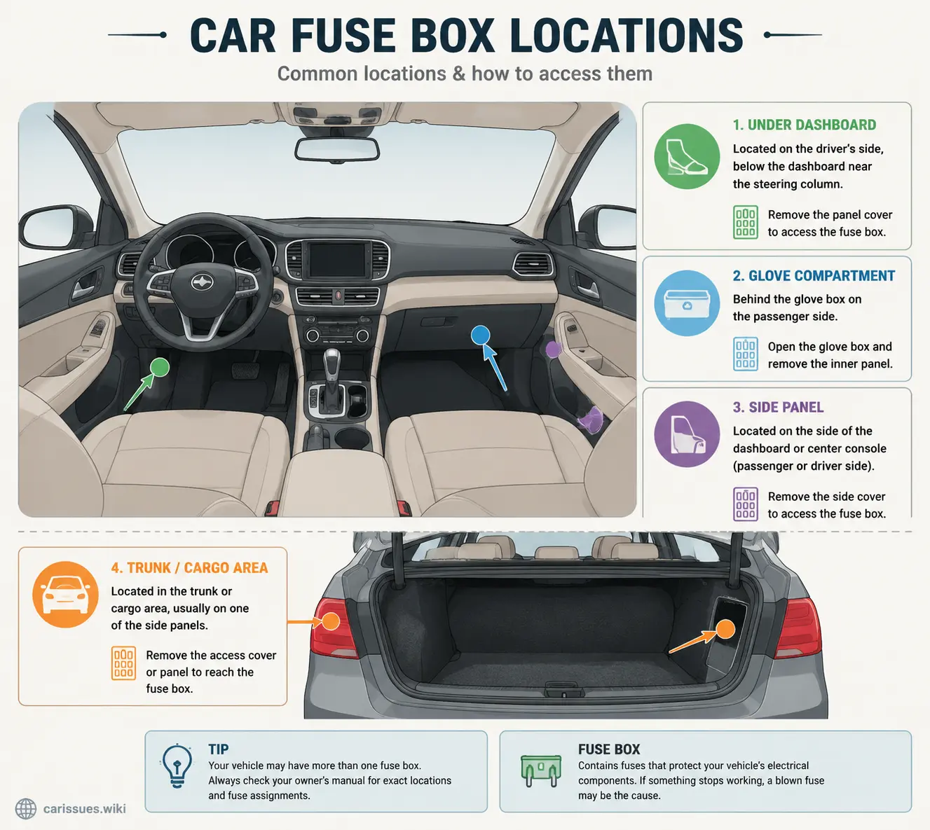 Diagram showing multiple fuse box locations in a car interior