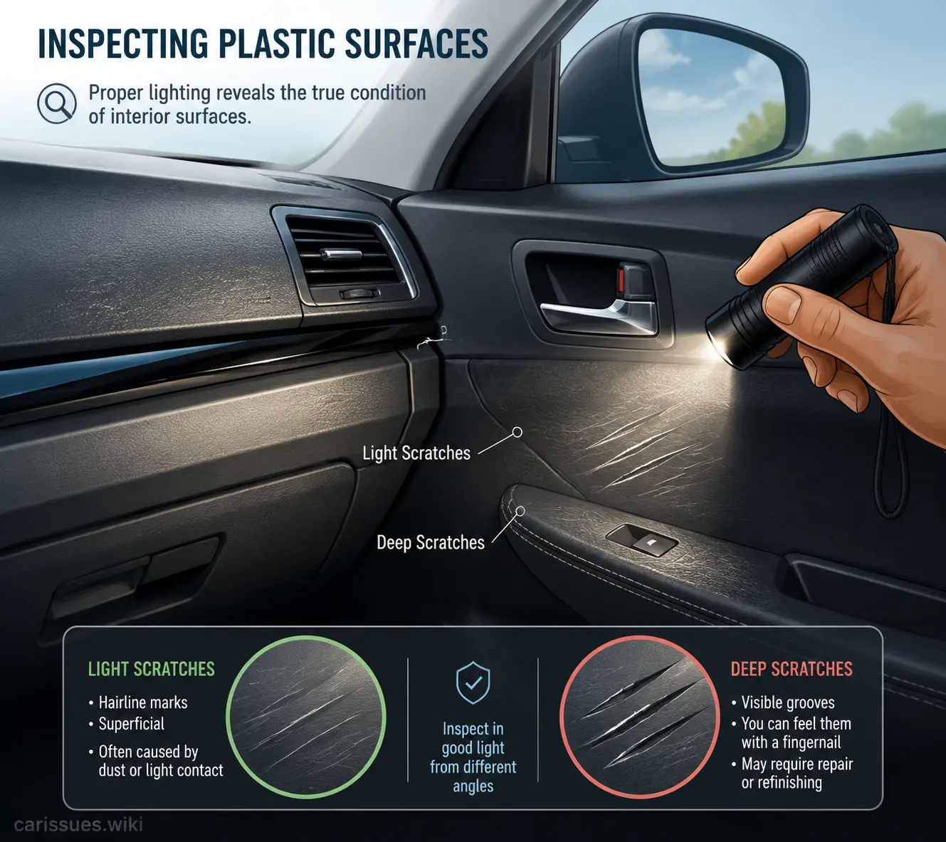 Illustration of inspecting scratches on car interior plastic panels