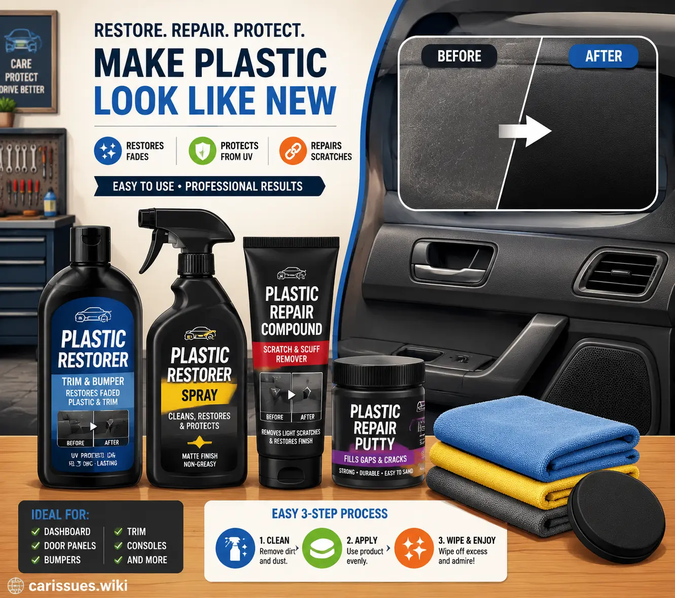Illustration of automotive plastic repair products and tools