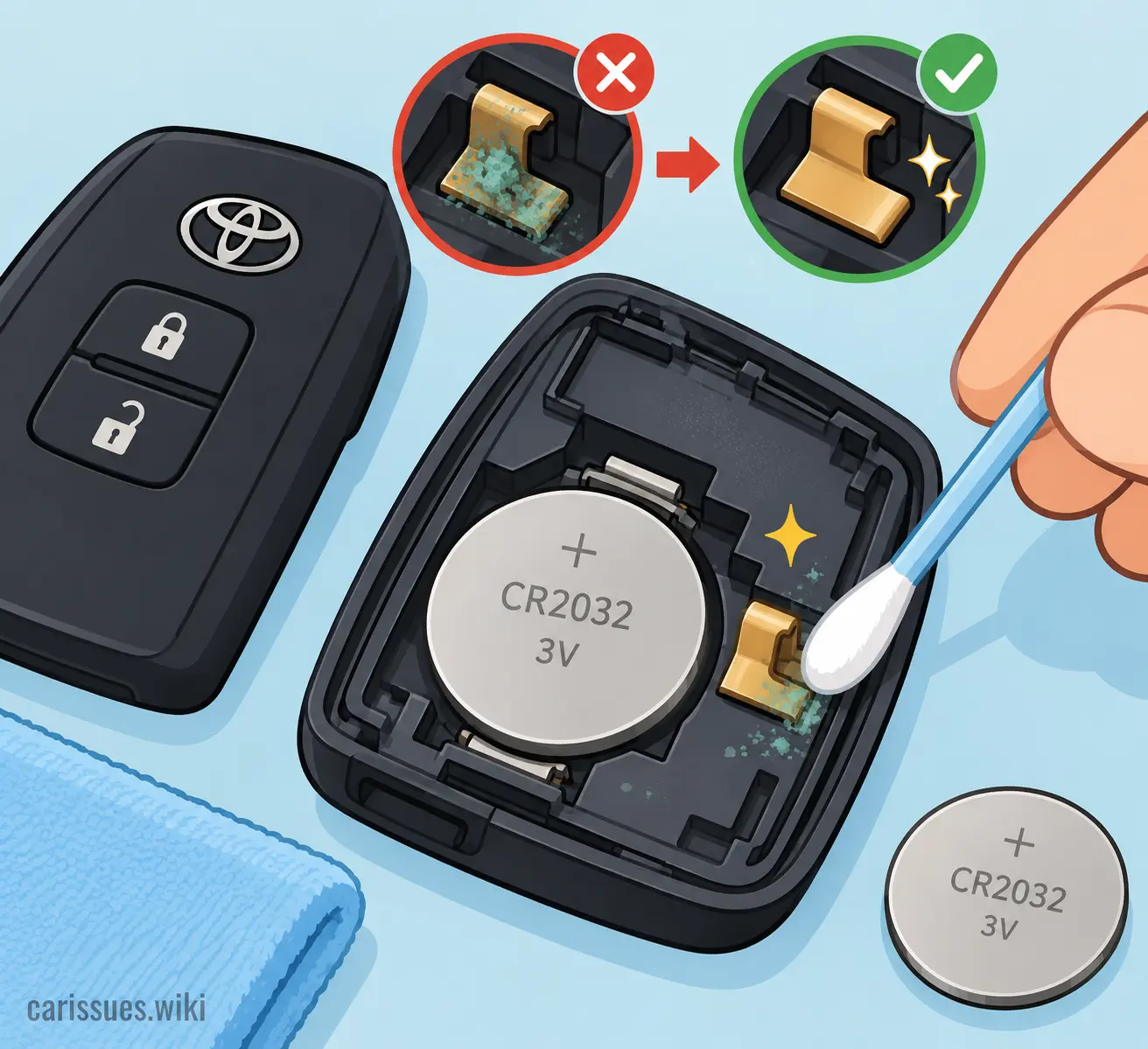 Cleaning Toyota Corolla key fob battery contacts for reliable operation