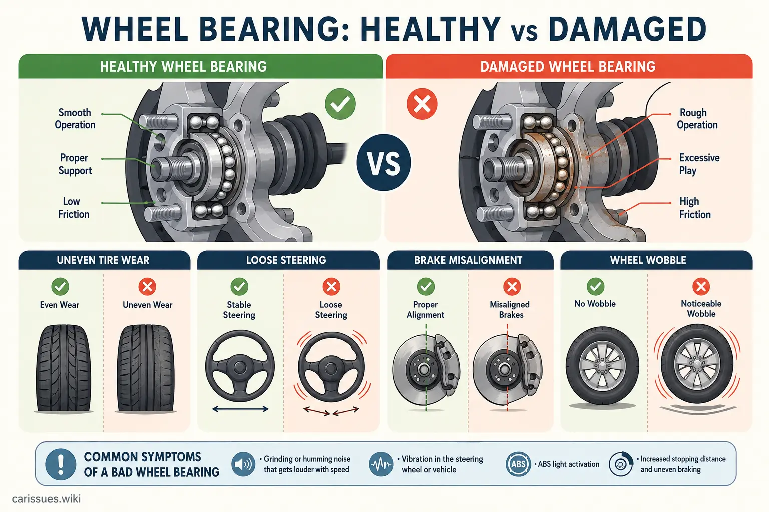 Vector illustration showing the effects of a failing wheel bearing on steering and tires