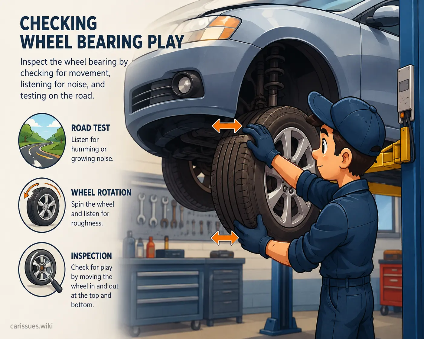 Illustration of a mechanic inspecting a wheel bearing for wear