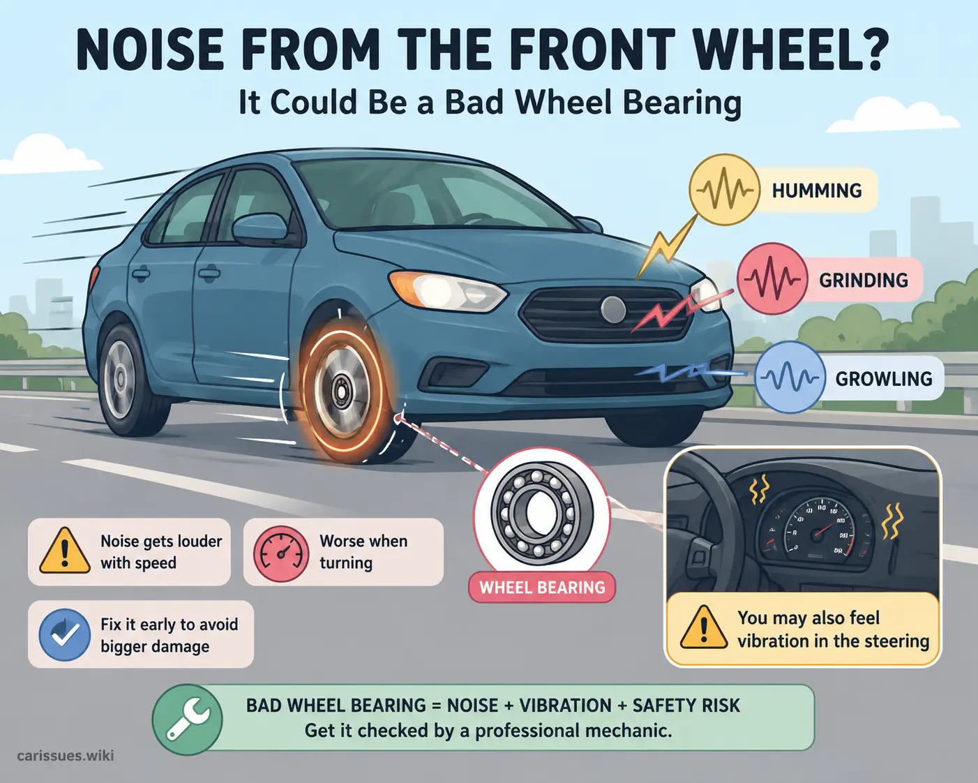 Stylized illustration of common wheel bearing warning noises while driving