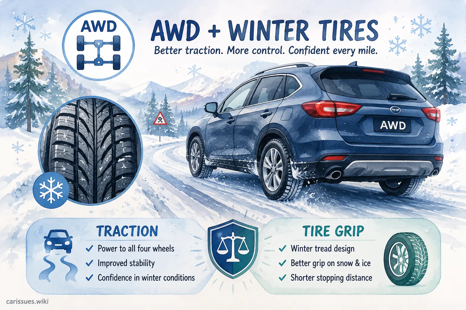 AWD car with winter tires on a snowy landscape